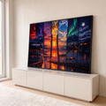 Quadro Decorativo Grande Ponte para Sala Laranja | quadros decorativos para sala | ponte estaiada com painéis mostrando céus diferentes, aurora, lua e pôr do sol | em Quadros para Sala | Porao dos Quadros