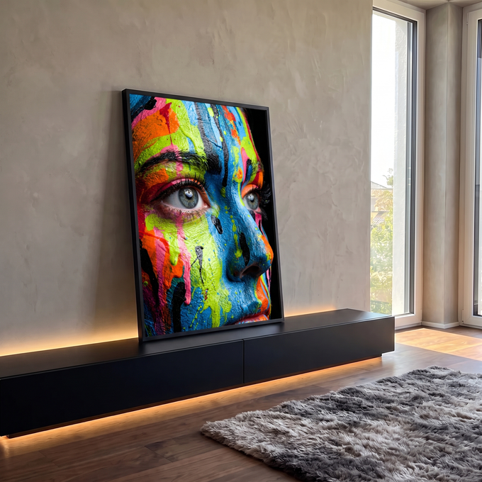 Close de rosto de mulher com tinta neon azul, verde e laranja escorrendo, olhos claros, quadro decorativo
