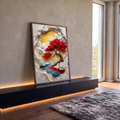Quadro Decorativo Grande Árvore Vermelha para Sala Dourado | quadros decorativos para sala | árvore de folhas vermelhas com tronco retorcido sobre céu dourado e nuvens texturizadas | em Quadros para Sala | Porao dos Quadros
