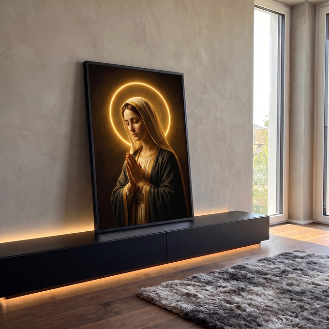 Quadro Decorativo Grande Nossa Senhora Sacro para Sala | quadros decorativos para sala | Nossa Senhora em oração com véu bege, manto azul e halo dourado sobre fundo escuro | em Quadros para Sala | Porao dos Quadros