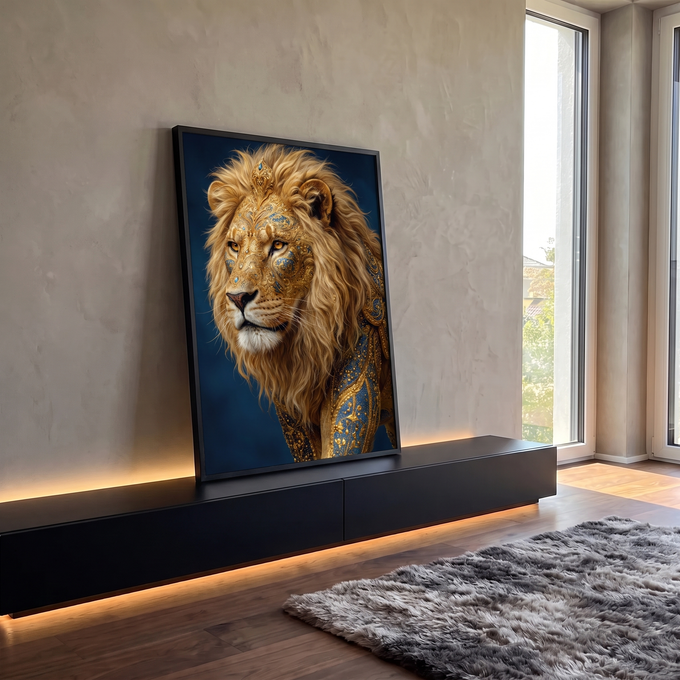 Quadro Decorativo Grande Leão com Juba Dourado para Sala | quadros decorativos para sala | leão com juba dourada e ornamentos entalhados em ouro e azul no rosto | em Quadros para Sala | Porao dos Quadros