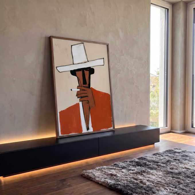 Quadro Decorativo Homem de Chapéu Branco Estilo Abstrato | quadros decorativos para sala | figura estilizada de chapéu branco largo e rosto terracota fumando cigarro | em Quadros para Sala | Porao dos Quadros