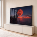 Quadro Decorativo Grande Lua Vermelha Penhasco para Sala | quadros decorativos para sala | silhueta de pessoa e cão em árvore seca com lua vermelha gigante ao fundo | em Quadros para Sala | Porao dos Quadros