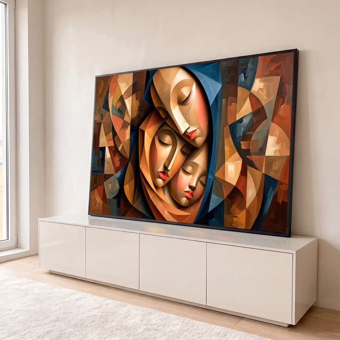 Quadro Decorativo Grande Três Rostos para Sala Marrom | quadros decorativos para sala | três rostos femininos sobrepostos em estilo cubista com véu azul e tons terrosos | em Quadros para Sala | Porao dos Quadros