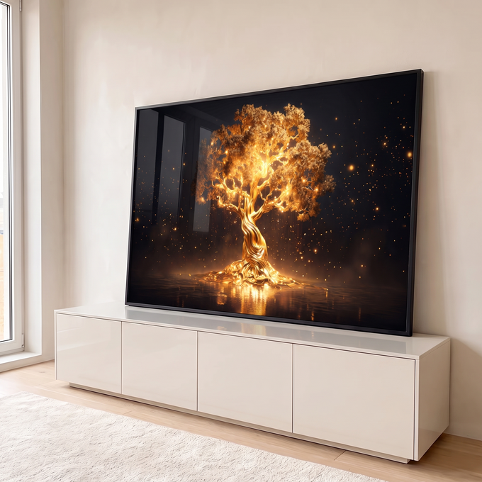 Quadro Decorativo Grande Árvore Dourada Formatos para Sala | quadros decorativos para sala | árvore dourada luminosa com tronco em espiral sobre fundo preto estrelado | em Quadros para Sala | Porao dos Quadros