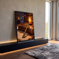Quadro Decorativo Grande Chave Dourada para Escritório | quadros decorativos para sala | chave dourada ornamentada sobre livro antigo de couro com vela acesa | em Quadros para Escritório | Porao dos Quadros