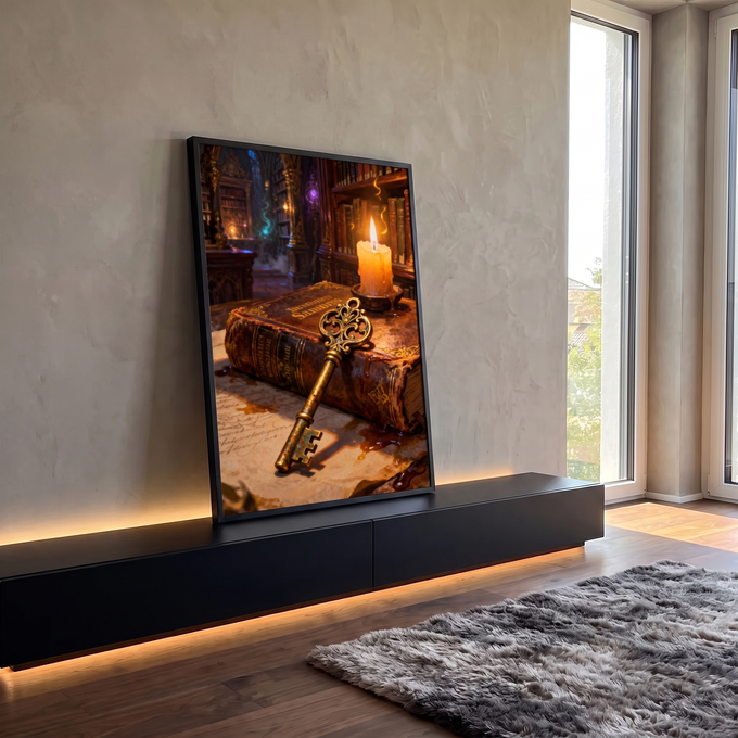 Quadro Decorativo Grande Chave Dourada para Escritório | quadros decorativos para sala | chave dourada ornamentada sobre livro antigo de couro com vela acesa | em Quadros para Escritório | Porao dos Quadros