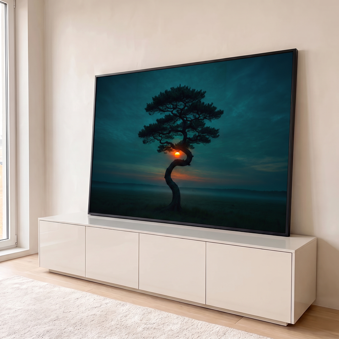 Quadro Decorativo Grande Árvore Retorcida Silhueta para Sala | quadros decorativos para sala | árvore de tronco retorcido em silhueta com sol alaranjado entre os galhos ao entardecer | em Quadros para Sala | Porao dos Quadros