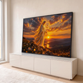 Nossa Senhora com auréola e manto luminoso sobre montanha ao pôr do sol laranja, quadro decorativo
