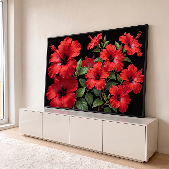 Quadro Decorativo Grande Hibiscos Vermelhos para Sala | quadros decorativos para sala | flores de hibisco vermelho com centro escuro e estames longos sobre fundo preto | em Quadros para Sala | Porao dos Quadros