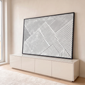 Linhas diagonais pretas em blocos geométricos sobre fundo branco com textura desgastada, quadro decorativo