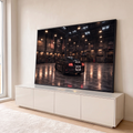 Quadro Decorativo Grande Carro Garagem Industrial para Sala | quadros decorativos para sala | carro esportivo preto com listras brancas visto de trás em garagem industrial | em Quadros para Sala | Porao dos Quadros