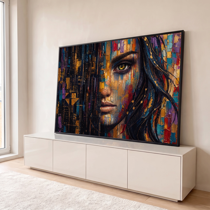 Rosto de mulher de olhos verdes fundido a prédios noturnos dourados, em pintura texturizada, quadro decorativo