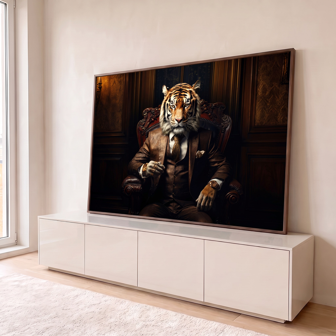 Quadro Decorativo Grande Tigre de Terno para Escritório | quadros decorativos para sala | tigre antropomórfico de terno marrom sentado em cadeira de madeira entalhada | em Quadros para Escritório | Porao dos Quadros