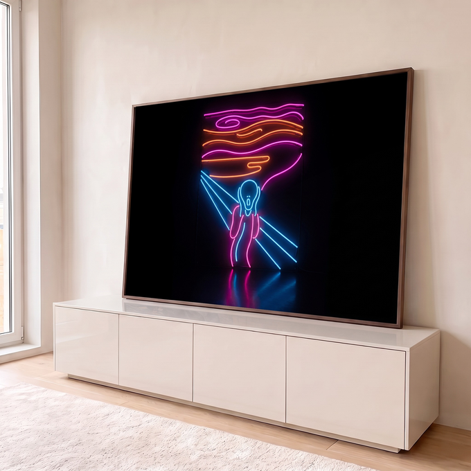 O Grito de Edvard Munch em tubos de neon rosa, laranja e azul sobre fundo preto, quadro decorativo