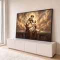 Santo Antônio de hábito marrom com Menino Jesus, lírios, vela e livro sob nuvens douradas, quadro decorativo
