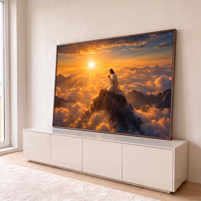 Jesus ajoelhado orando no pico de montanha acima das nuvens ao nascer do sol dourado, quadro decorativo