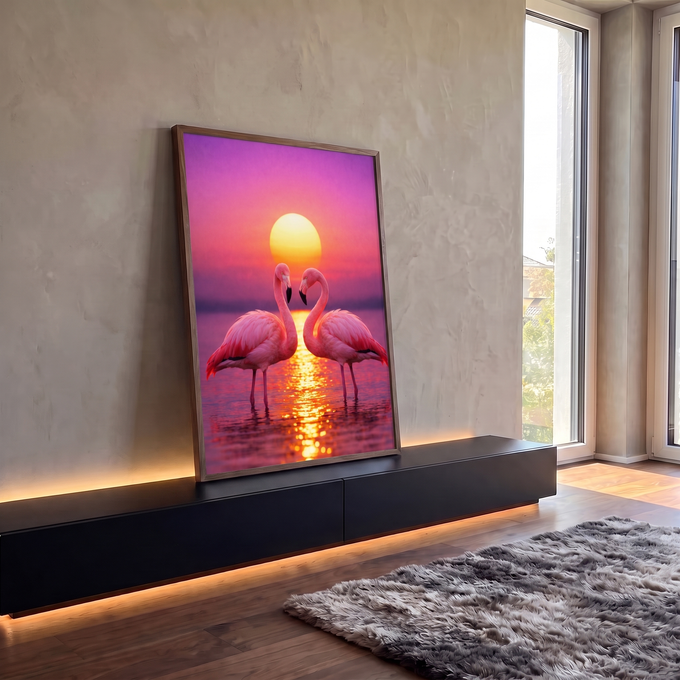 Quadro Decorativo Flamingos Formando Coração ao Pôr do Sol | quadros decorativos para sala | dois flamingos rosa formando coração com pescoços curvados ao pôr do sol roxo | em Quadros para Sala | Porao dos Quadros