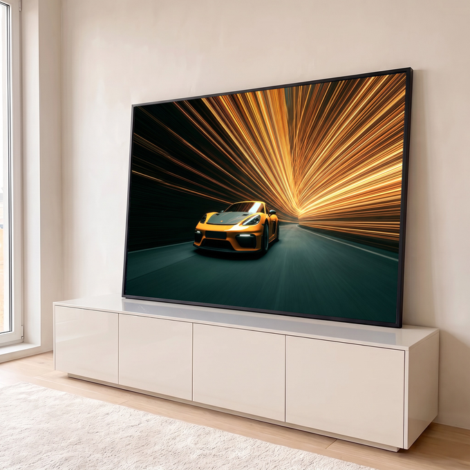 Carro esportivo amarelo em túnel com rastros de luz laranja e dourada em movimento, quadro decorativo