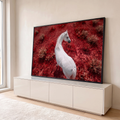Quadro Decorativo Grande Cavalo Branco para Sala Vermelho | quadros decorativos para sala | cavalo branco visto de cima sobre campo de vegetação vermelha intensa | em Quadros para Sala | Porao dos Quadros