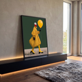 Quadro Decorativo Grande Figura de Casaco para Sala Amarelo | quadros decorativos para sala | figura estilizada de casaco amarelo xadrez segurando balão amarelo sobre fundo verde | em Quadros para Sala | Porao dos Quadros