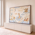 Elefante, girafa, leõezinhos, ursinho, coelho e raposa em nuvens e estrelas em aquarela, quadro decorativo