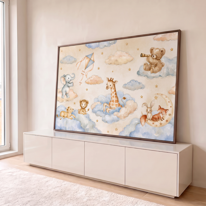 Elefante, girafa, leõezinhos, ursinho, coelho e raposa em nuvens e estrelas em aquarela, quadro decorativo