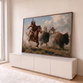 Quadro Decorativo Caçadores Indígenas Perseguindo Bisões | quadros decorativos para sala | guerreiros indígenas a cavalo perseguindo bisões em pradaria com poeira e céu nublado | em Quadros para Sala | Porao dos Quadros