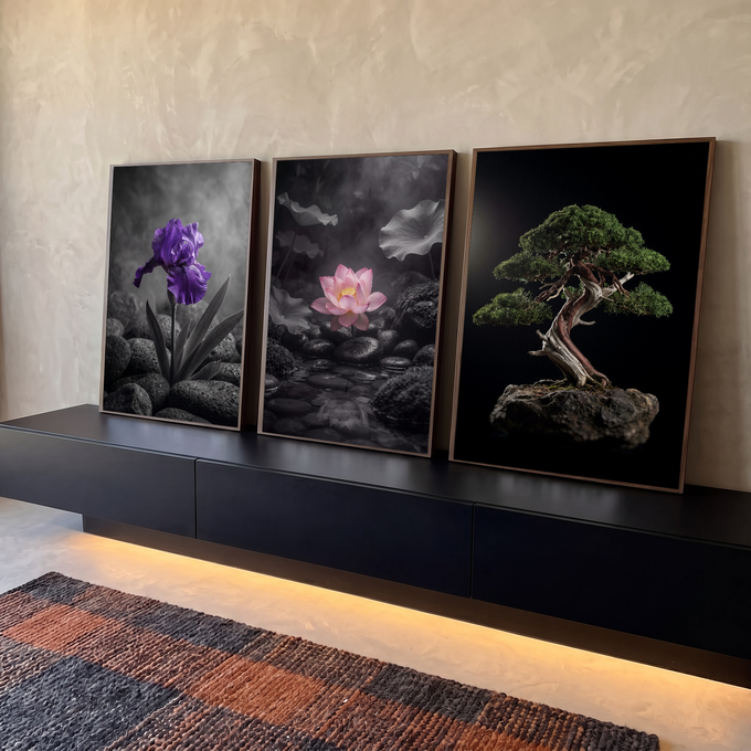 Quadro Decorativo Kit 3 Telas Flores e Bonsai para Sala | quadros decorativos para sala | íris roxa, lótus rosa e bonsai verde em cenário zen com cor seletiva | em Quadros para Sala | Porao dos Quadros