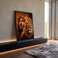 Quadro Decorativo Grande Jesus e Leão para Sala Laranja | quadros decorativos para sala | rosto de Jesus e cabeça de leão unidos por cruz em chamas em tons de laranja | em Quadros para Sala | Porao dos Quadros