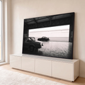 Quadro Decorativo Grande Carros Clássicos para Sala Preto | quadros decorativos para sala | dois carros clássicos em preto e branco dentro de um hangar industrial | em Quadros para Sala | Porao dos Quadros