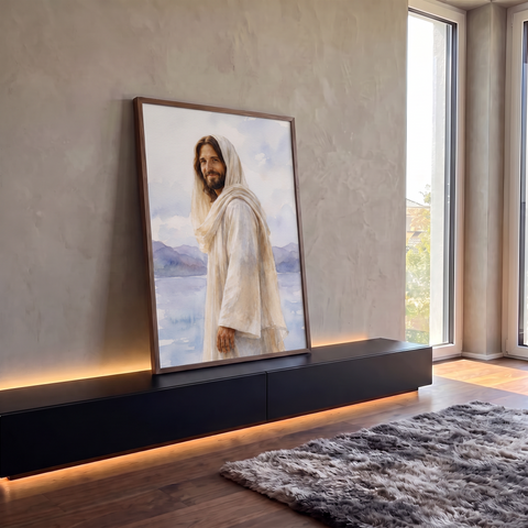 Jesus sorrindo de manto bege em aquarela, com lago e montanhas lilás ao fundo, quadro decorativo