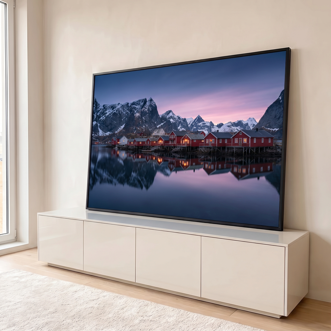 Quadro Decorativo Grande Paisagem para Sala Vermelho | quadros decorativos para sala | vila de casas vermelhas à beira d'água com montanhas nevadas ao entardecer | em Quadros para Sala | Porao dos Quadros