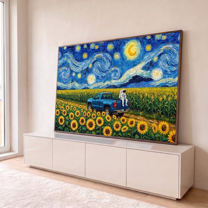 Astronauta em picape azul entre girassóis sob céu de noite estrelada estilo Van Gogh, quadro decorativo