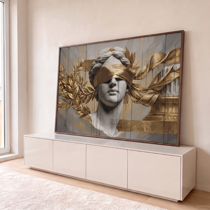 Busto grego de mármore com venda dourada, folhas de louro e coluna clássica em fundo cinza, quadro decorativo