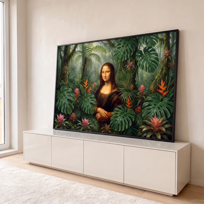 Quadro Decorativo Grande Mona Lisa Verde para Sala | quadros decorativos para sala | retrato estilo Mona Lisa cercado por folhagens tropicais verdes e flores coloridas | em Quadros para Sala | Porao dos Quadros