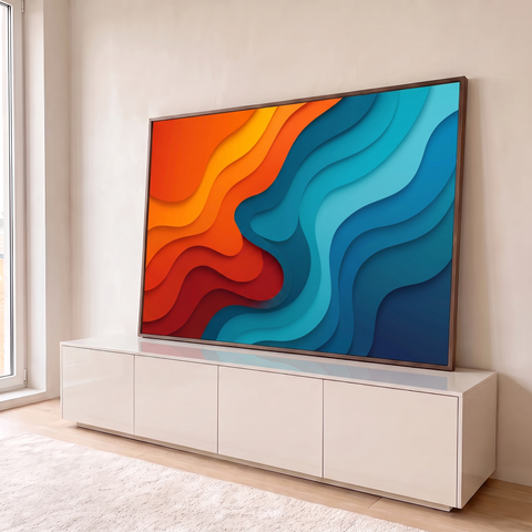 Ondas abstratas em camadas recortadas, laranja e vermelho de um lado e azul turquesa do outro, quadro decorativo