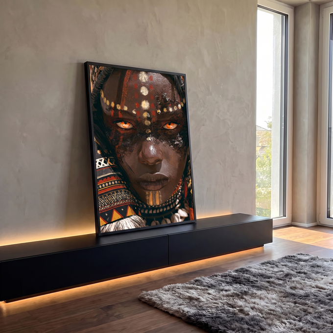 Quadro Decorativo Mulher Tribal com Pintura Facial e Olhos | quadros decorativos para sala | retrato close-up de mulher com pintura facial tribal e olhos âmbar | em Quadros para Sala | Porao dos Quadros