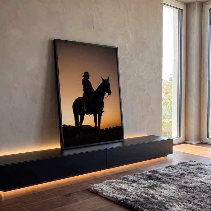 Silhueta de cowboy montado a cavalo contra céu laranja do pôr do sol, quadro decorativo