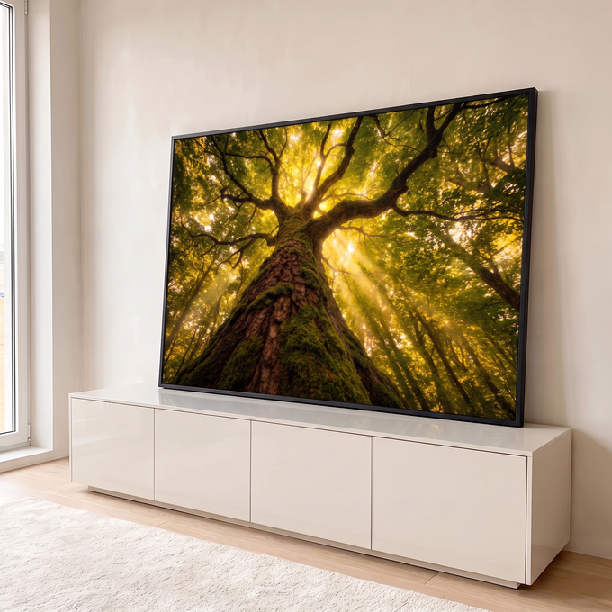Quadro Decorativo Grande Árvore com Musgo Verde para Sala | quadros decorativos para sala | tronco coberto de musgo visto de baixo com copa dourada e raios de sol | em Quadros para Sala | Porao dos Quadros