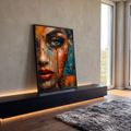 Rosto de mulher com olho verde e lábios vermelhos em óleo laranja, azul e dourado, quadro decorativo