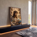 Quadro Decorativo Grande Jesus em Mosaico para Sala Dourado | quadros decorativos para sala | Jesus Cristo em mosaico colorido segurando o globo terrestre diante de catedral dourada | em Quadros para Sala | Porao dos Quadros