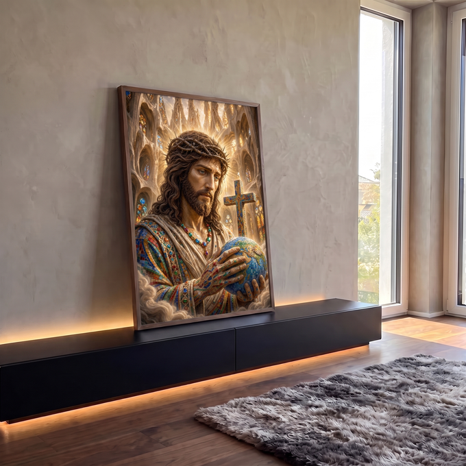 Quadro Decorativo Grande Jesus em Mosaico para Sala Dourado | quadros decorativos para sala | Jesus Cristo em mosaico colorido segurando o globo terrestre diante de catedral dourada | em Quadros para Sala | Porao dos Quadros