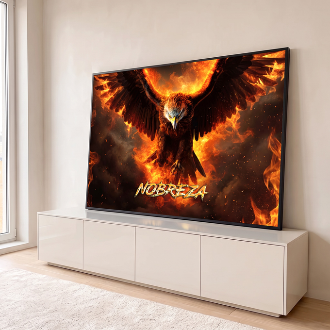 Águia de asas abertas envolta em fogo laranja com a palavra Nobreza em letras flamejantes, quadro decorativo