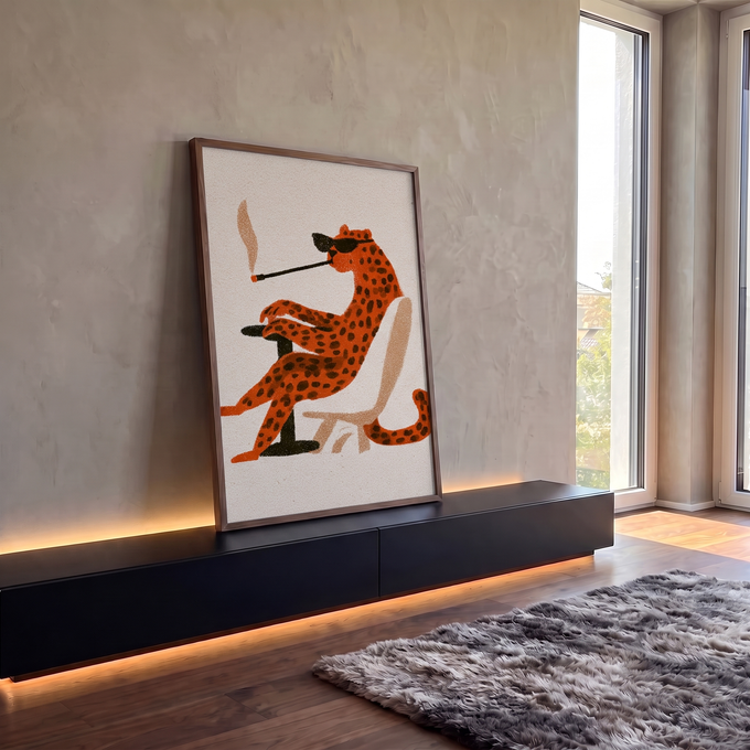 Quadro Decorativo Leopardo Estiloso Fumando Cachimbo | quadros decorativos para sala | leopardo ilustrado de óculos escuros fumando cachimbo sentado em cadeira retrô | em Quadros para Sala | Porao dos Quadros