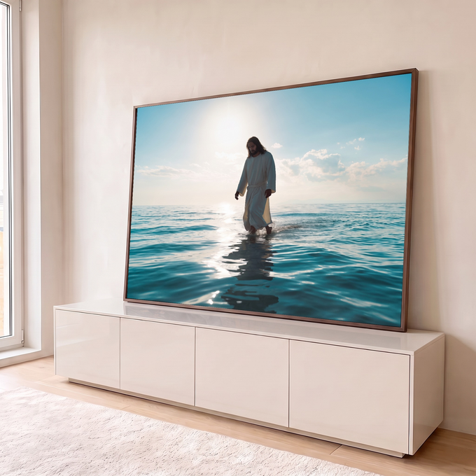 Quadro Decorativo Grande Jesus Caminhando Mar para Sala Azul | quadros decorativos para sala | homem de túnica branca caminhando sobre o mar com sol ao fundo | em Quadros para Sala | Porao dos Quadros