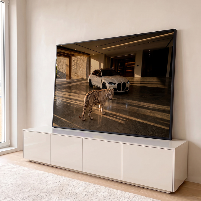 Quadro Decorativo Grande Tigre e Carro para Sala Branco | quadros decorativos para sala | tigre branco caminhando à frente de carro esportivo branco em garagem moderna | em Quadros para Sala | Porao dos Quadros