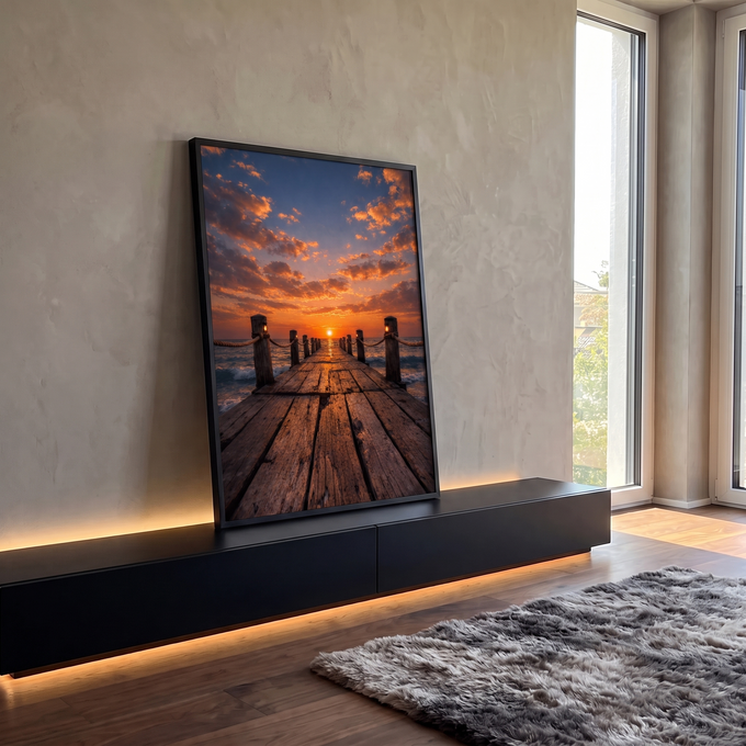 Quadro Decorativo Grande Píer de Madeira Laranja para Sala | quadros decorativos para sala | píer de madeira estendendo-se ao mar sob pôr do sol laranja intenso com nuvens dramáticas | em Quadros para Sala | Porao dos Quadros