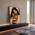 Quadro Decorativo Grande Mulher Dormindo para Sala Bege | quadros decorativos para sala | mulher de cabelo escuro descansando sobre pilha de livros coloridos em pintura expressiva | em Quadros para Sala | Porao dos Quadros