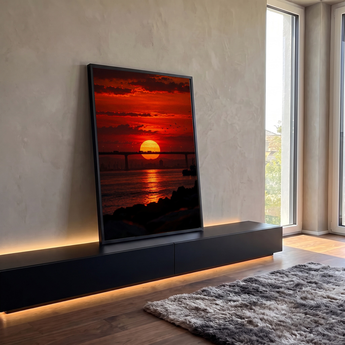 Quadro Decorativo Grande Pôr do Sol Ponte para Sala Vermelho | quadros decorativos para sala | pôr do sol vermelho e dourado atrás de ponte com reflexo no mar e pássaros voando | em Quadros para Sala | Porao dos Quadros